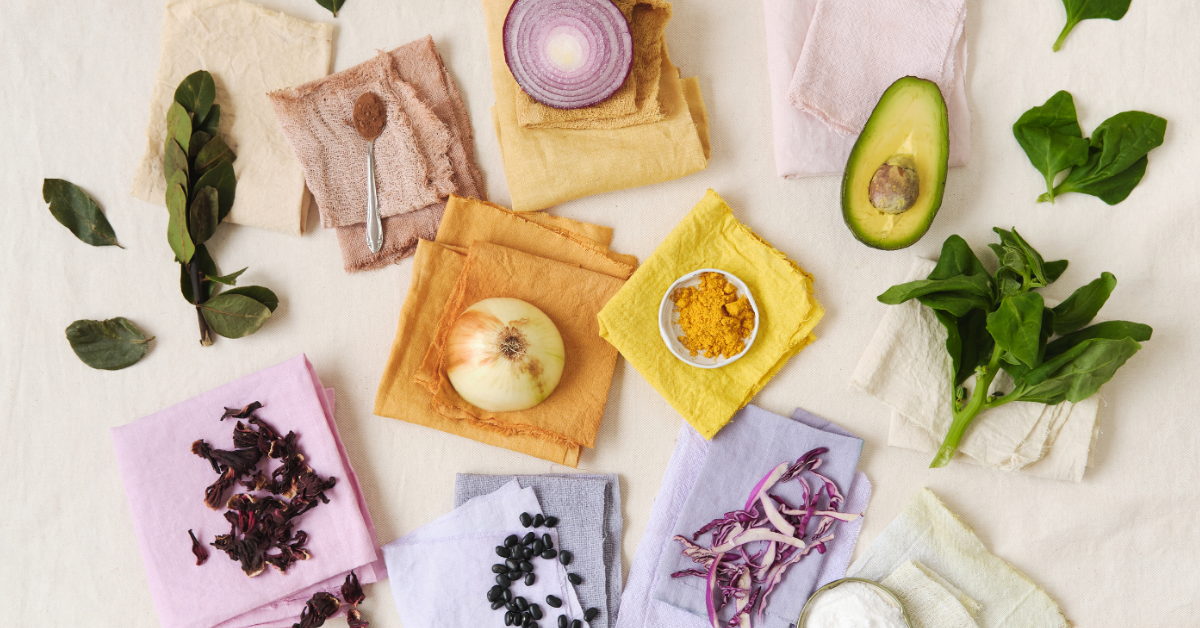 Pictures of various natural dye materials - vegetables, fruits and spices