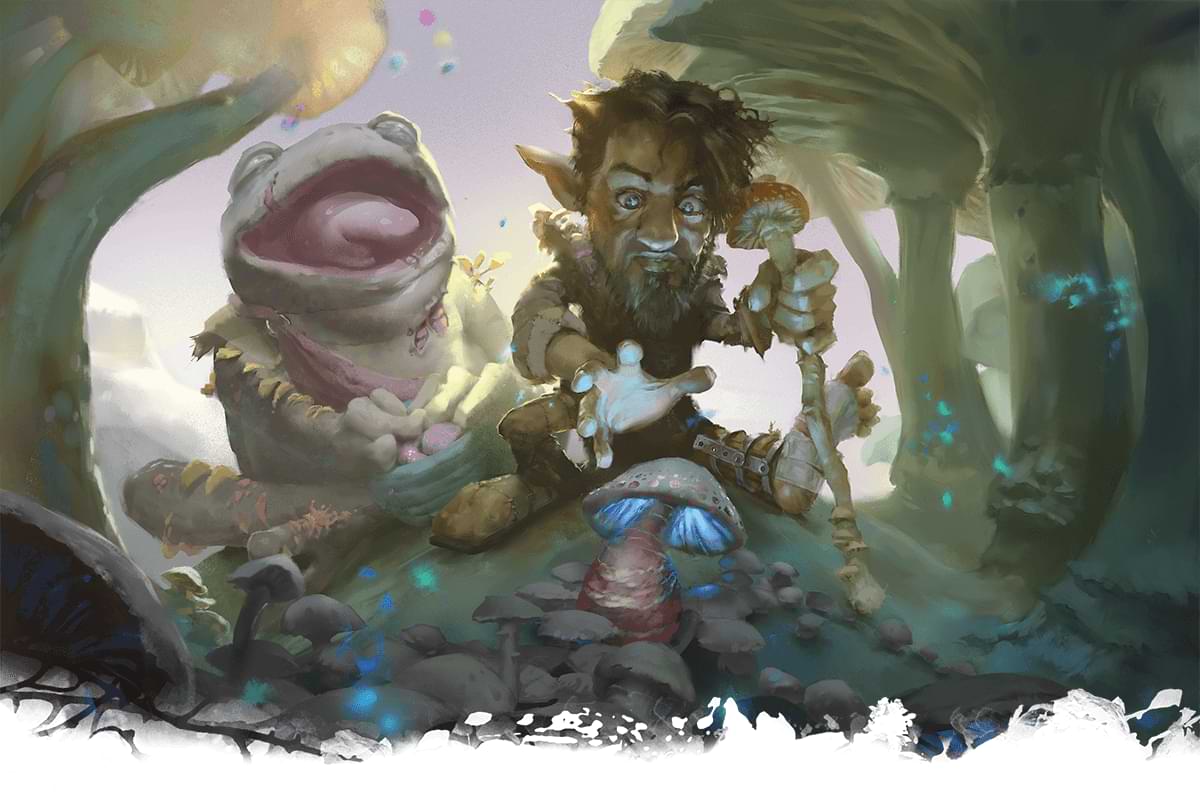 gnome reaches for glowing mushroom while frog man laughs